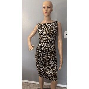 VTG Cache leopard sheath dress with ruched details and stretch satin size 4